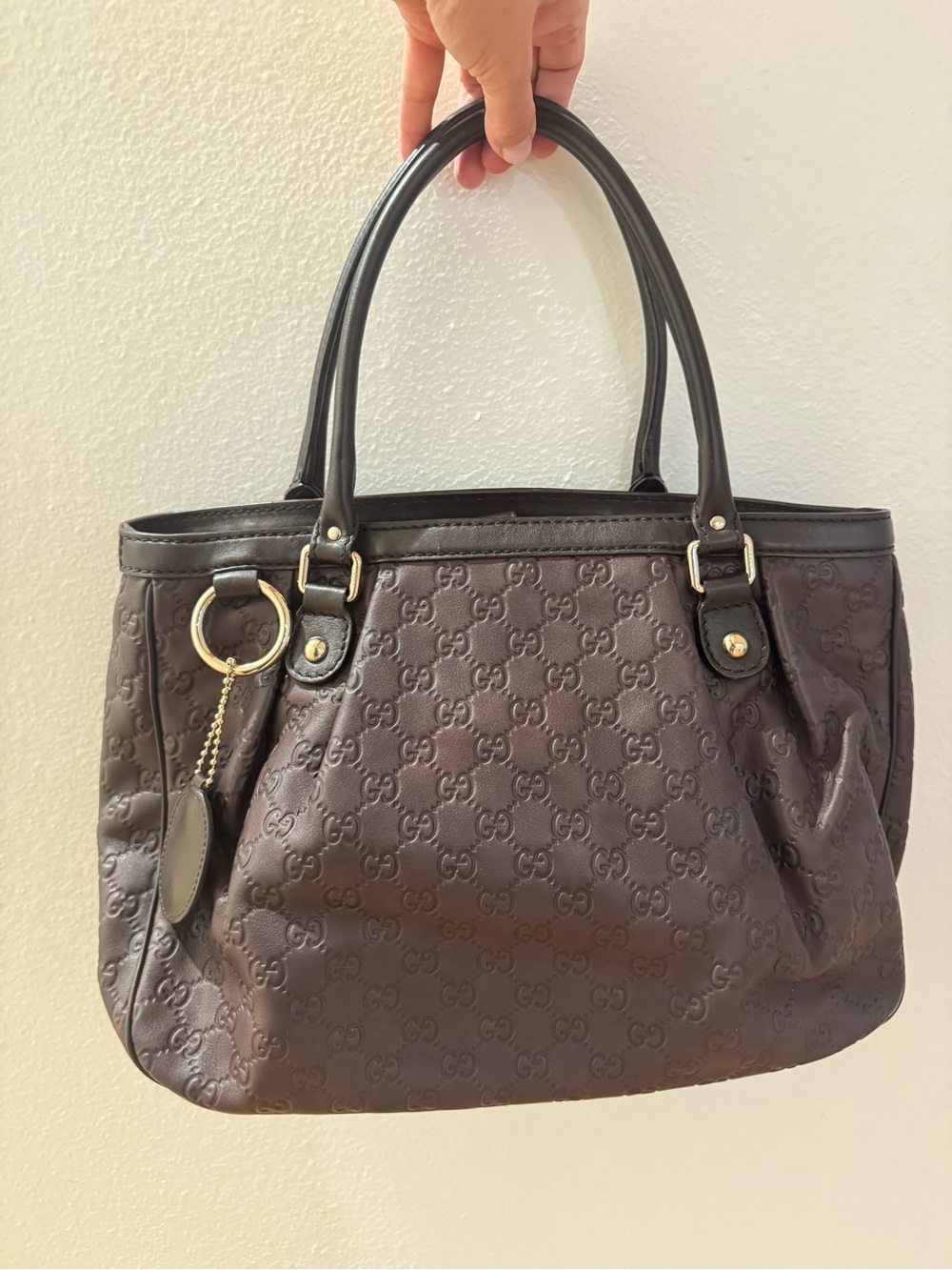 Gucci Dark Brown Monogram Tote with Gold Accents